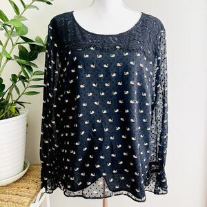 RSVP by Talbots Black & Gold Fancy Swans Print Chiffon Blouse Top Size XL